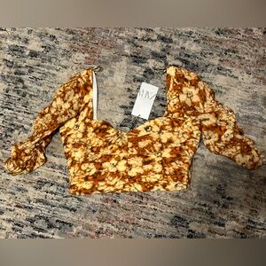 NWT Zara Orange & Cream Floral 80s Puffed Sleeve Crop Top